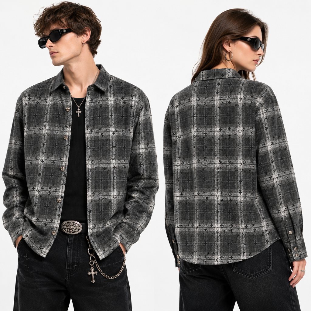 Chrome Hearts 2026 New Striped & Plaid Panel Cardigan-Style Shirt with Silver Hardware