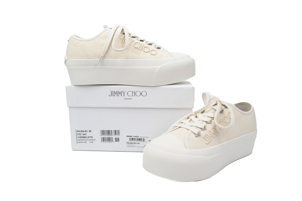 （W）Jimmy Choo Palma Maxi White Canvas Platform Trainers