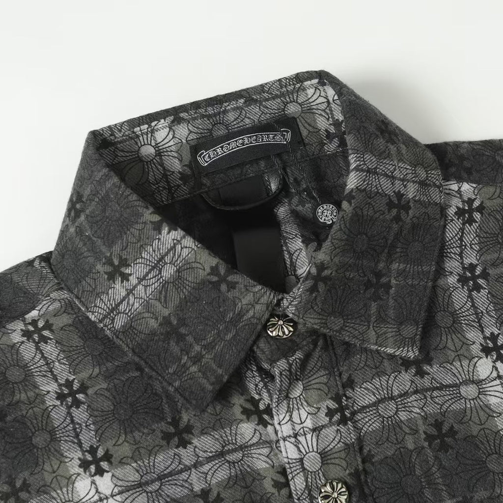 Chrome Hearts 2026 New Striped & Plaid Panel Cardigan-Style Shirt with Silver Hardware