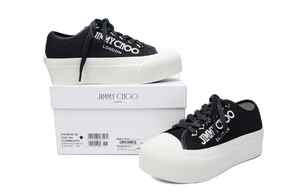 (W) Jimmy Choo Palma Maxi Black and Latte Canvas Platform Trainers